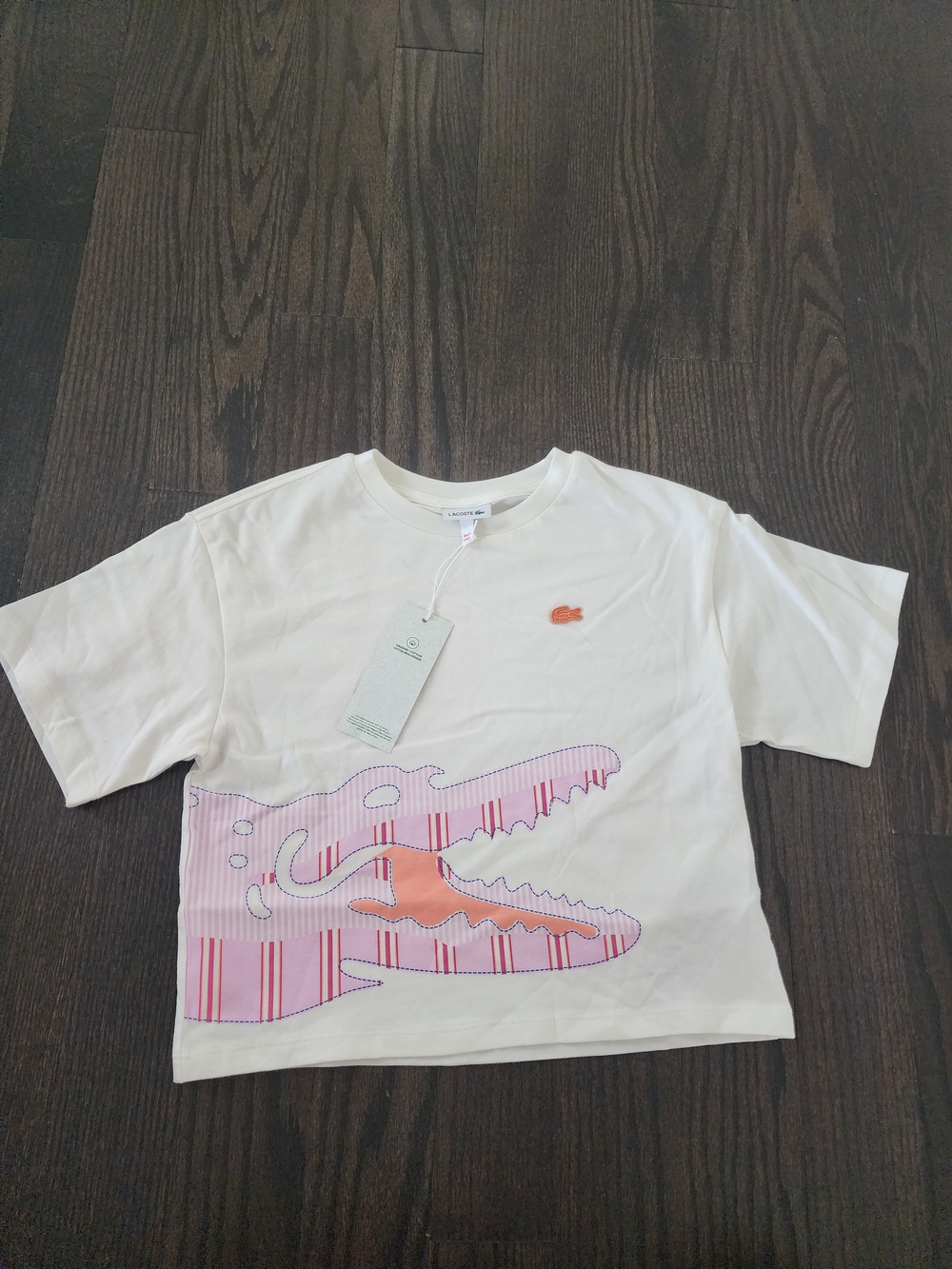 Lacoste White Short-Sleeve Tee with Pink Striped Croc